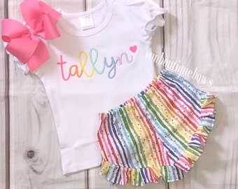 Girls personalized shirt, girls name shirt, girls bow name top Rainbow Outfit Ruffle shorts, 6 9 12 months 2T 3T 4T 5T 6 8, rainbow shorts