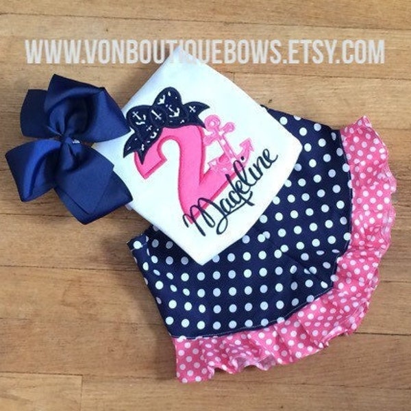 Birthday Anchor Bow Navy Hot Pink Anchor Ruffle Shorts Matching Boutique Hairbow 1st 2nd 3rd 4th Girls Short Long Sleeve Shirt Tank Top