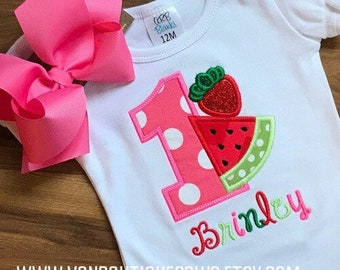 Birthday watermelon strawberry twotti frutti Bow Personalized Shirt 1st Birthday 2nd 3rd 4th 5th 6th 7th 8th Girl Tank Short Long Sleeve