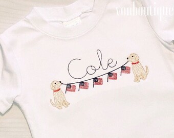 4th of July Shirt 4th of July Boy American Flag Dog Bunting Patriotic Shirt Red White Blue 12 month 18 month 2T 3T 4T 5T 6 8 10