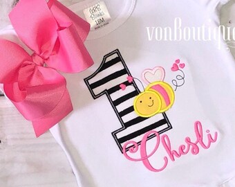 Bumble Bee Birthday Shirt: Hot pink black girls birthday Personalized Applique Outfit
