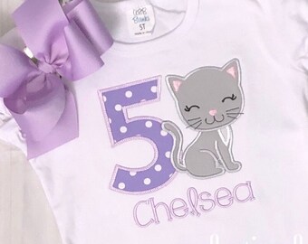 Girls Kitty birthday, girls cat birthday, Matching Boutique Bow Personalized 1st 2nd 3rd 4th 5th 6th 7th 8th 9th, cat birthday outfit