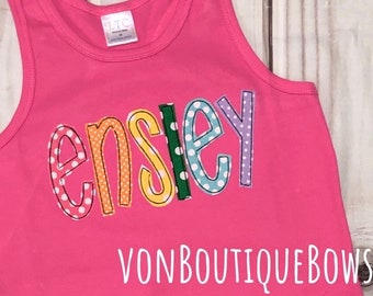 Hot Pink Rainbow name monogram shirt personalized vintage stitch purple red yellow blue orange 12 months 18 months 2T 3T 4T girls 5 6 8 10