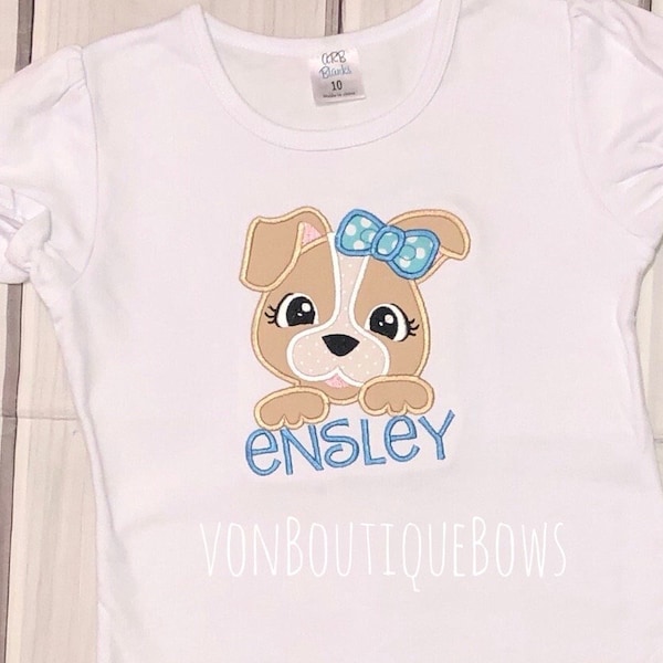 Girls puppy dog personalized shirt, girls name shirt, girls bow name top Outfit Boutique shirt Newborn 3 6 9 12 months 2T 3T 4T 5T 6 8