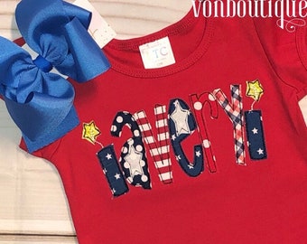 4th of July patriotic girls applique name red shirt summer 12 months 18months 2t 3T girls 4 5 6 8 10 tank top ruffle sleeves flag