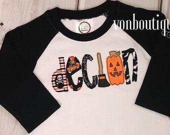 Personalized Boys Halloween Raglan Shirt: Ghost, Broom, Bones