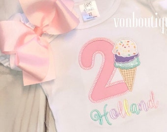 Ice cream cone twotti frutti Bow Number Personalized Shirt 1st Birthday 2nd 3rd 4th 5th 6th 7th 8th 9th Girl Pastel birthday girls