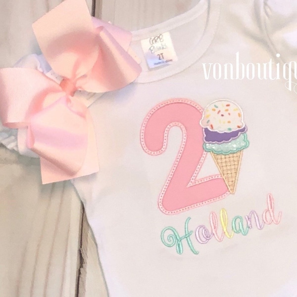 Ice cream cone twotti frutti Bow Number Personalized Shirt 1st Birthday 2nd 3rd 4th 5th 6th 7th 8th 9th Girl Pastel birthday girls