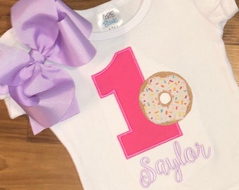 Donut Birthday Girl Shirt: Personalized Appliqué Number, Matching Bow