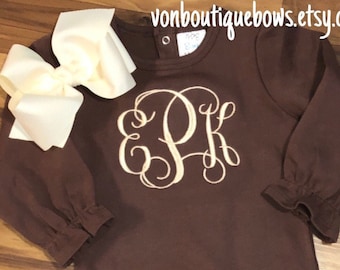 Cream brown monogram embroidery Matching Boutique Bow Girls Outfit brown ruffle romper  headband 3 6 9 12 18 months