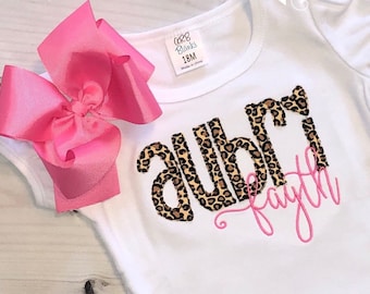 Leopard cheetah name monogram shirt personalized vintage raggy stitch hot pink newborn 3 months 6 month 12 18 months 2T 3T 4T girls 5 6 8 10