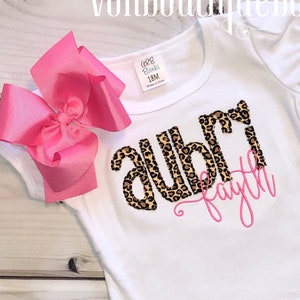 Leopard cheetah name monogram shirt personalized vintage raggy stitch hot pink newborn 3 months 6 month 12 18 months 2T 3T 4T girls 5 6 8 10