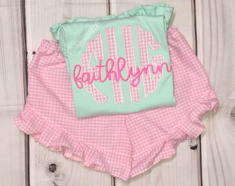 Girls Mint Pink Gingham Ruffle Shorts Set: Personalized Monogram Shirt