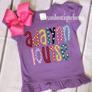 Rainbow name monogram shirt personalized vintage raggy stitch purple red yellow blue orange 12 months 18 months 2T 3T 4T girls 5 6 8 10