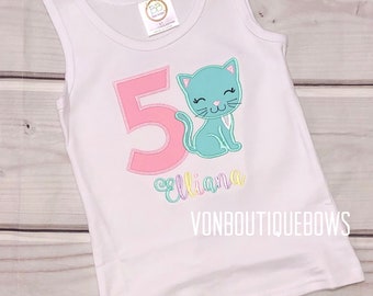 Girls Kitty birthday, girls cat birthday, Matching Boutique Bow Personalized 1st 2nd 3rd 4th 5th 6th 7th 8th 9th, cat birthday outfit