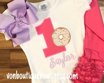 Donut Birthday Outfit: Personalized Appliqué Shirt, Pink Icing Pants & Lavender Bow