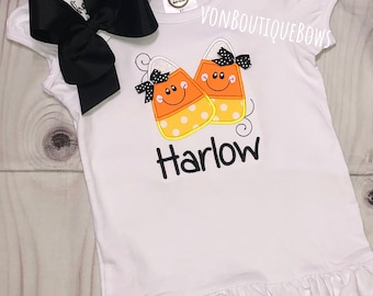 Personalized Candy Corn Applique Halloween Shirt, Girls Fall Top