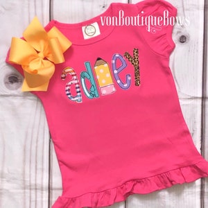 Back to School Custom name shirt girls short sleeve ruffle grey Apple Pencil bookworm glue ruler 6 12 18 24 month 2T 3T 4T 5 6 8 10 girls