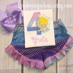 Girls Mermaid birthday shirt pastel mint Matching Boutique Bow Personalized 1st 2nd 3rd 4th 5th 6th 7th 8th 9th applique shirt ruffle shorts