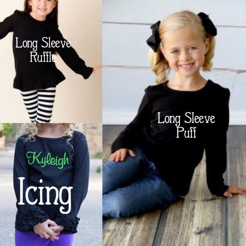 May include: Three girls wearing black long-sleeve shirts with different styles. The first shirt has a ruffle at the bottom and says "Long Sleeve Ruffle". The second shirt says "Long Sleeve Puff". The third shirt has a ruffle at the cuffs and says "Kyleigh Icing".