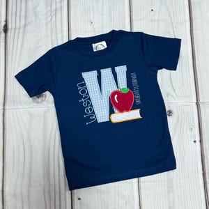 Blue gingham boys navy back to school primary boys shirt preschool pre-k kindergarten 1st grade 2nd grade 3rd grade, boys applique shirt