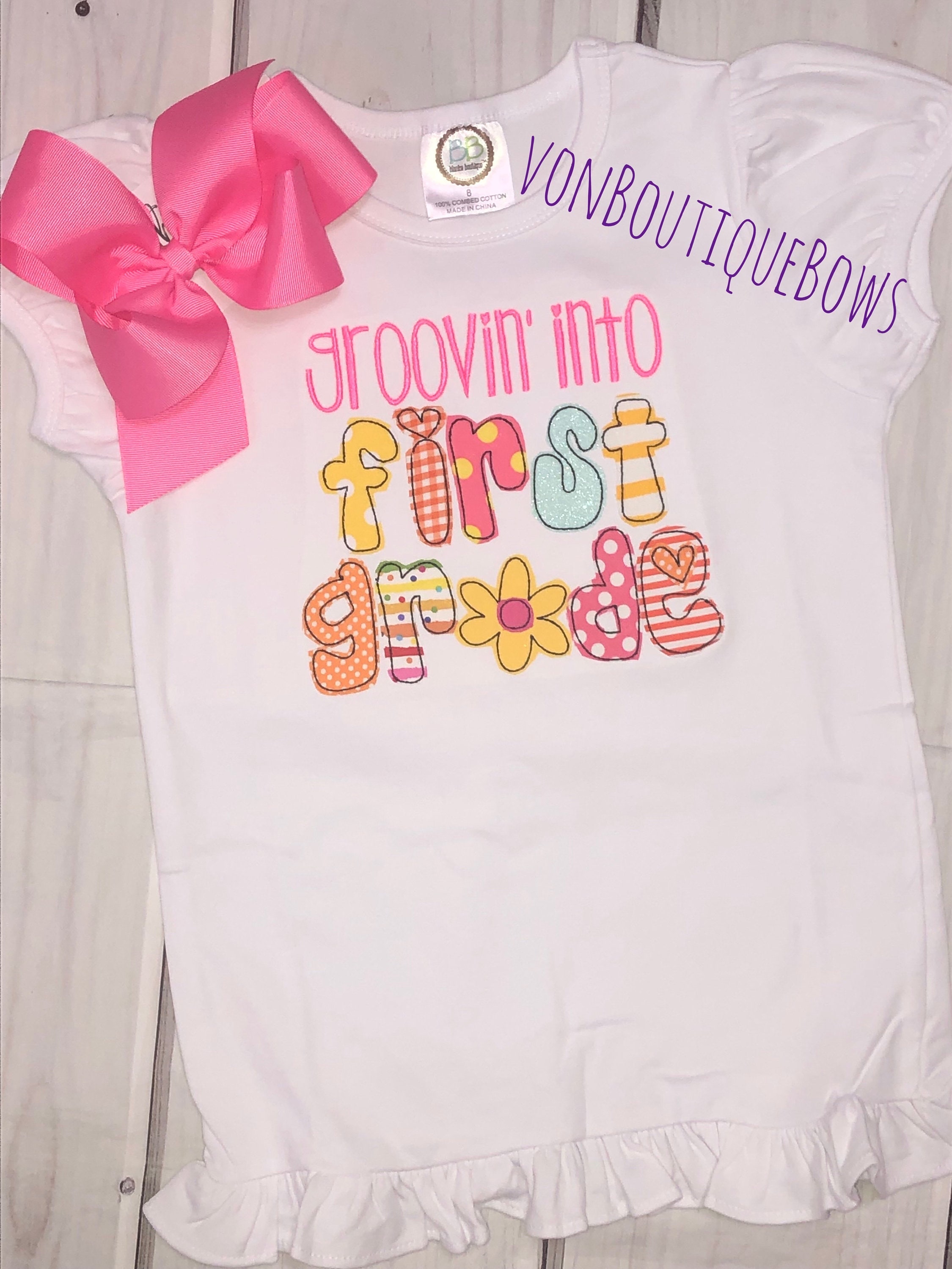 First Grade Outfit: Ruffle Shorts, Boutique Applique Shirt, Bow Yellow ...