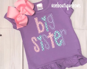 Rainbow name big sister monogram shirt personalized vintage raggy stitch purple pink blue 12 months 18 months 2T 3T 4T girls 5 6 8 10