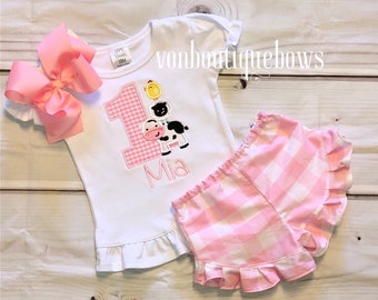 Girls Barnyard Birthday Outfit: Appliqued Farm Animals, Gingham Ruffle Shorts