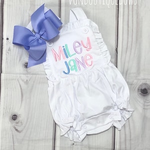 Personalized Girls Romper: Rainbow Name Sunsuit with Ruffle, Boutique Outfit sunsuit