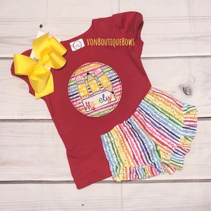 Red Pencil Back to School First Day of School Boutique Bow ruffle shorts rainbow  Personalized preschool kindergarten Yellow Applique 1st