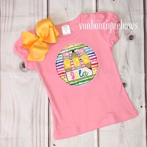 Pencil Back to School First Day of School Boutique Bow Monogram Personalized preschool kindergarten pink Yellow Purple Applique 1st grade
