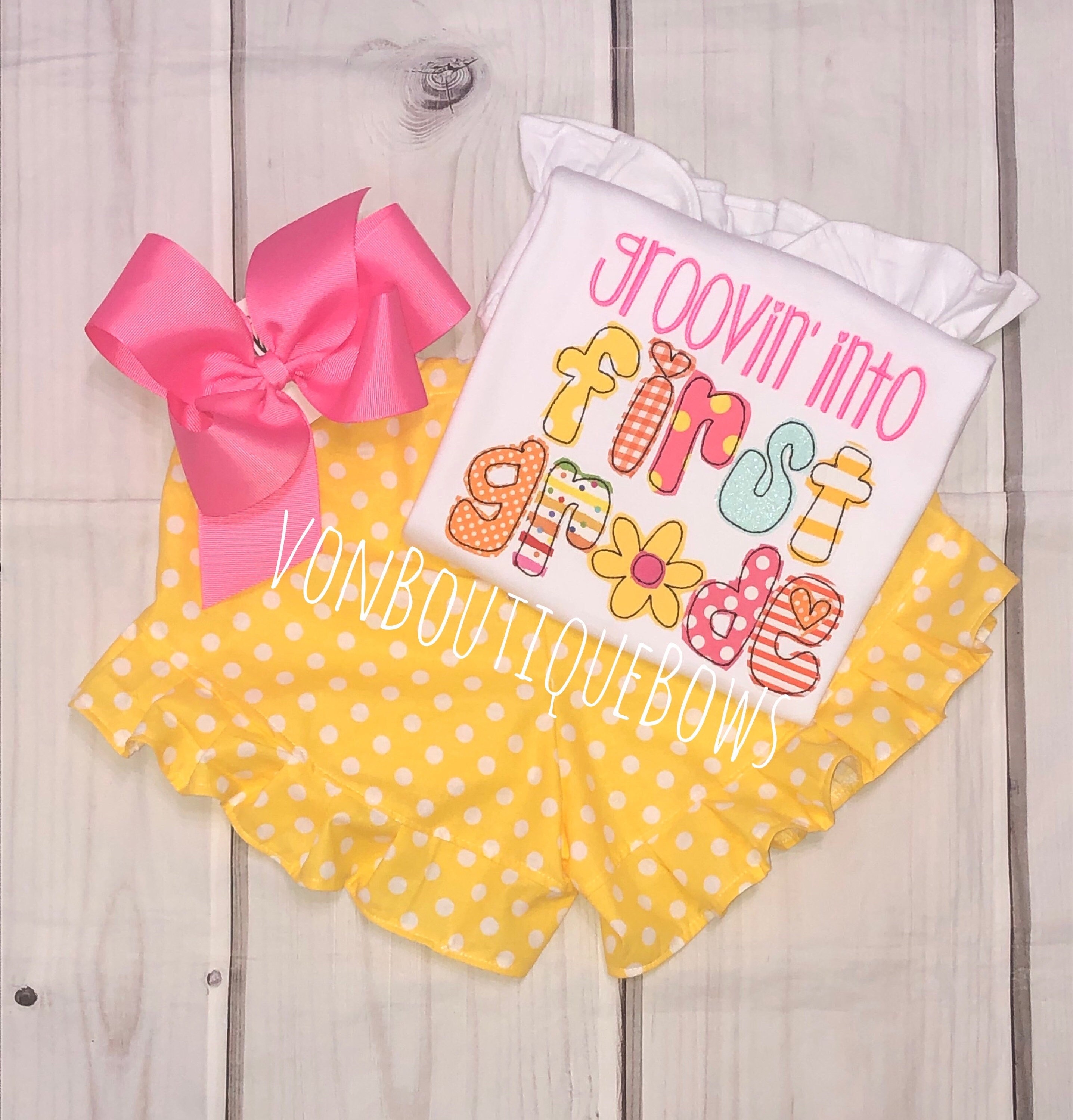 First Grade Outfit: Ruffle Shorts, Boutique Applique Shirt, Bow Yellow ...