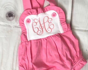 Baby Girls ruffle romper pink white ruffle sun suit, monogram personalized outfit sunsuit girls summer romper 3m 6m 9m 12m 18m 2T 3T