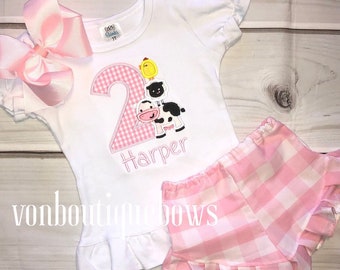 Girls' Barnyard Birthday Outfit: Gingham Appliqued Shirt & Ruffle Shorts