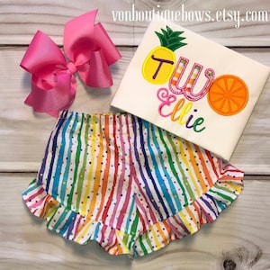Birthday fruit pineapple orange twotti frutti Bow Personalized Shirt second 2nd two Girl Tank Short Long Sleeve tee ruffle shorts polka dot