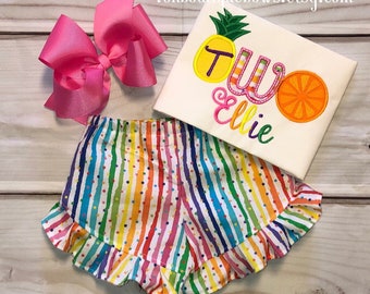 Birthday fruit pineapple orange twotti frutti Bow Personalized Shirt second 2nd two Girl Tank Short Long Sleeve tee ruffle shorts polka dot