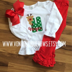 Reindeer girl red green Personalized Applique Matching Bow Outfit Girls Boutique Christmas Holiday icing 3 6 9 12 months 2T 3T 4 5 6 8 10
