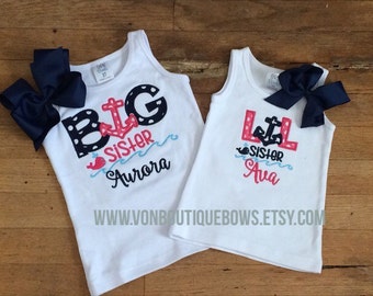 Big Little Sis Navy Anchor Hot Pink Personalized Boutique Bow Newborn 3 6 9 12 18 Months 2T 3T 4T 5T 6 8 10 12 Short Long Sleeve Shirt Tank