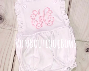 Baby Girl Ruffle Romper, Personalized Monogram, White Light Pink Sunsuit, baby shower gift