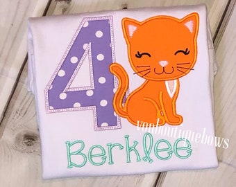 Girls Kitty birthday, girls cat birthday, Matching Boutique Bow Personalized 1st 2nd 3rd 4th 5th 6th 7th 8th 9th, cat birthday outfit