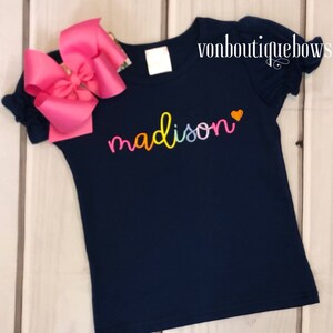 Girls navy personalized shirt, girls name shirt, bow name top Rainbow Outfit Boutique shirt long 6 12 18 months 2T 3T 4T 5T 6 8 birthday image 2