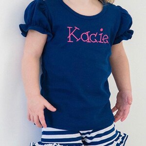 Girls navy personalized shirt, girls name shirt, bow name top Rainbow Outfit Boutique shirt long 6 12 18 months 2T 3T 4T 5T 6 8 birthday image 3