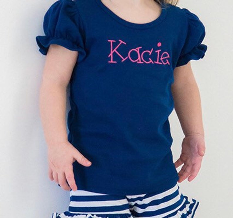 Girls navy personalized shirt, girls name shirt, bow name top Rainbow Outfit Boutique shirt long 6 12 18 months 2T 3T 4T 5T 6 8 birthday image 3