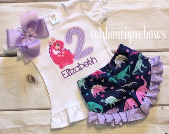 Dinosaur birthday shirt for girls dino birthday outfit 1st birthday 2nd birthday party purple hot pink lavender ruffle shorts 12m 18m 2T 3T