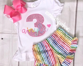 Girls birthday outfit, girls name shirt, girls bow name top Rainbow Outfit Ruffle party shorts, 12 months 2T 3T 4T 5T 6 8 rainbow shorts