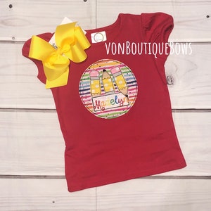 Red Pencil Back to School First Day of School Boutique Bow Monogram Personalized preschool kindergarten Yellow Purple Applique 1st grade