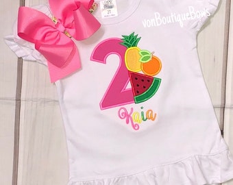 Birthday watermelon orange fruit pineapple Bow Number Shirt 1st Birthday 2nd 3rd 4th 5th 6th 7th 8th 9th Girl Baby Tank Short Long Sleeve