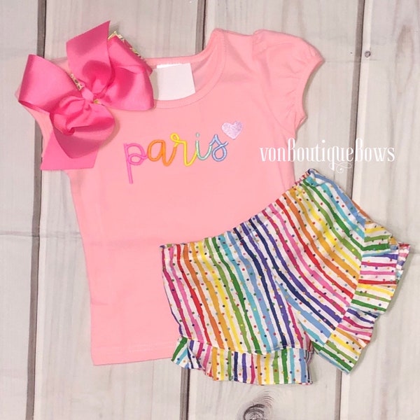Girls personalized shirt, girls name shirt, girls bow name top Rainbow Outfit Ruffle shorts, 6 9 12 months 2T 3T 4T 5T 6 8, rainbow shorts