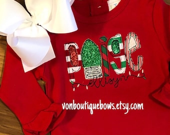 Red green white name applique Santa Christmas lights tree Infant Baby Girl Shirt top bow 3 6 9 12 months 2T 3T 4T 5T 6 8 10 12