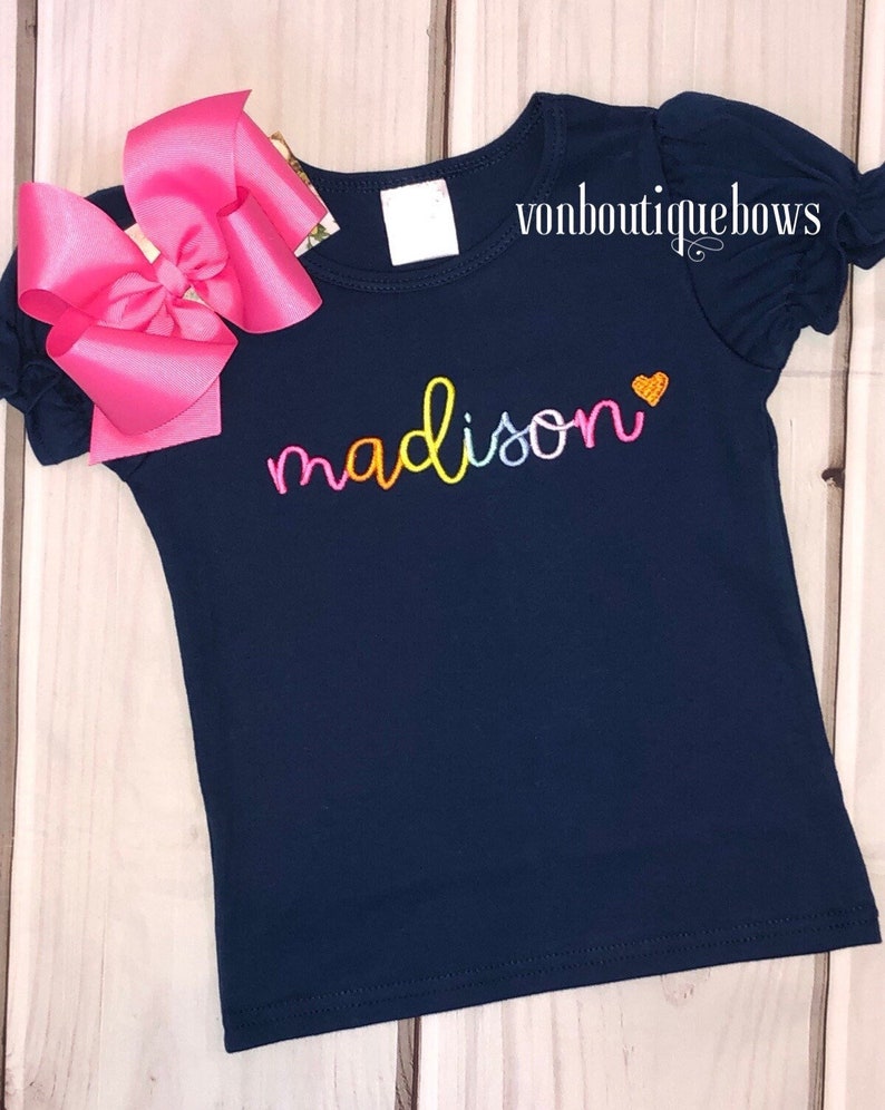 Girls navy personalized shirt, girls name shirt, bow name top Rainbow Outfit Boutique shirt long 6 12 18 months 2T 3T 4T 5T 6 8 birthday image 1